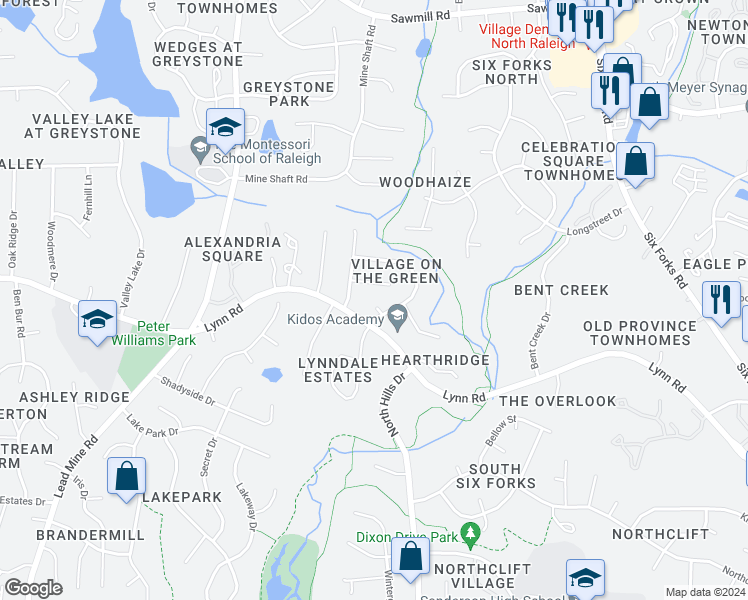 map of restaurants, bars, coffee shops, grocery stores, and more near 1220 Sherbrooke Court in Raleigh