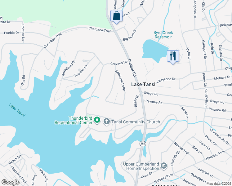 map of restaurants, bars, coffee shops, grocery stores, and more near 3125 Seminole Loop in Crossville