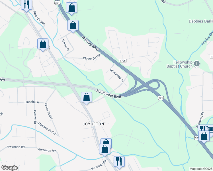 map of restaurants, bars, coffee shops, grocery stores, and more near 120 Joycetown Church Road Southwest in Lenoir