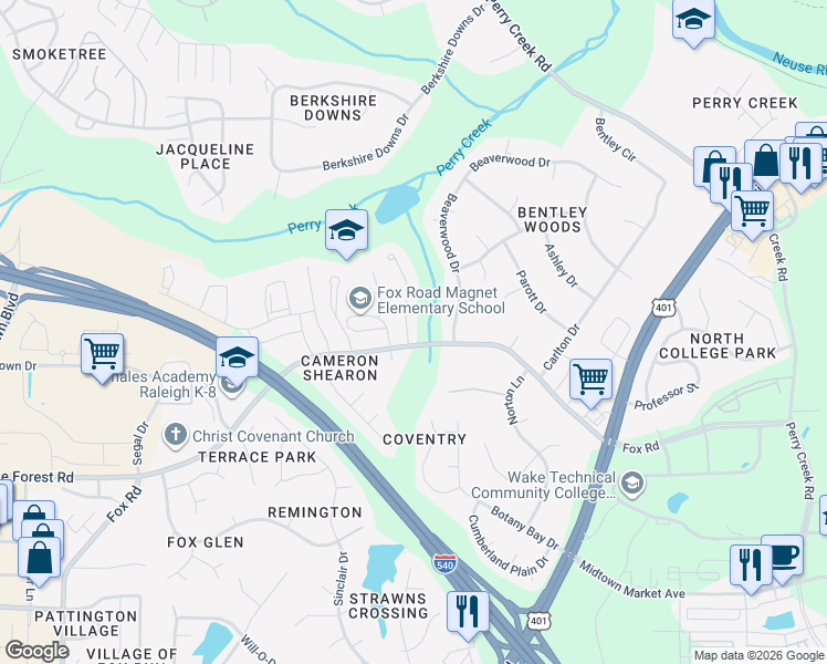 map of restaurants, bars, coffee shops, grocery stores, and more near 6919 Fox Haven Place in Raleigh