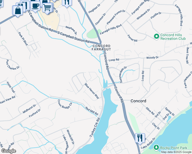 map of restaurants, bars, coffee shops, grocery stores, and more near 10946 Anchorage Circle in Knoxville