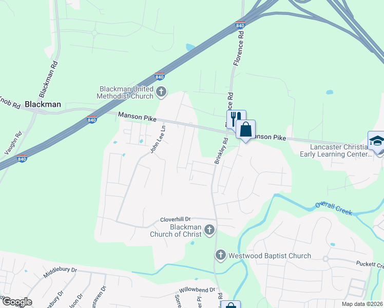 map of restaurants, bars, coffee shops, grocery stores, and more near 1752 Frodo Way in Murfreesboro