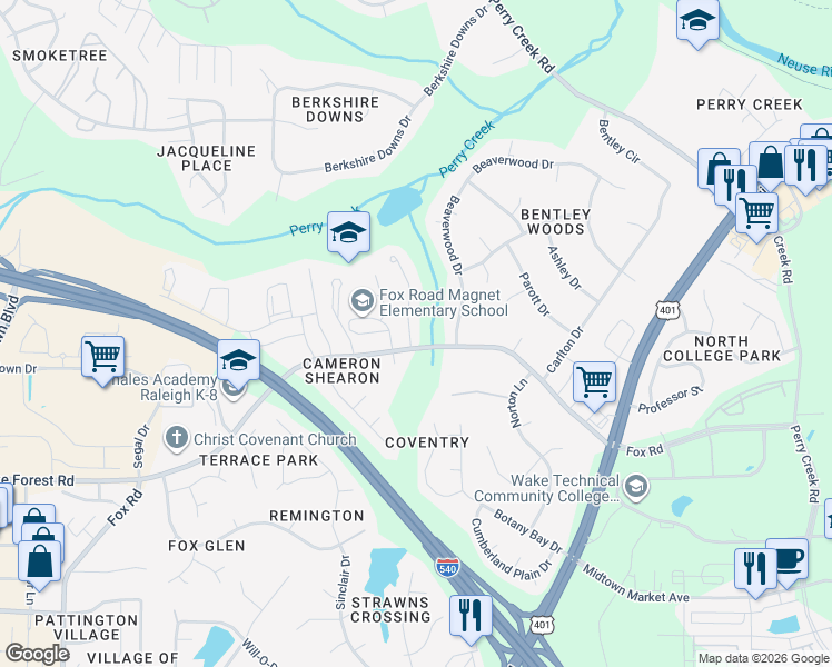 map of restaurants, bars, coffee shops, grocery stores, and more near 6919 Fox Haven Place in Raleigh