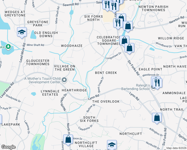 map of restaurants, bars, coffee shops, grocery stores, and more near 6523 Thetford Court in Raleigh