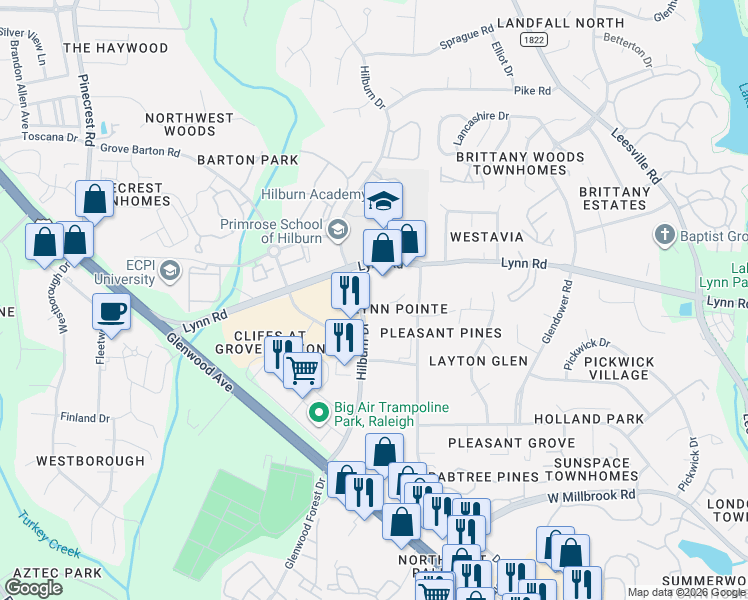 map of restaurants, bars, coffee shops, grocery stores, and more near 6700 Hilburn Drive in Raleigh