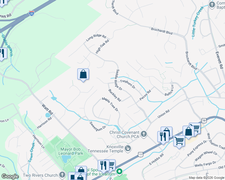 map of restaurants, bars, coffee shops, grocery stores, and more near 408 Treyburn Drive in Knoxville