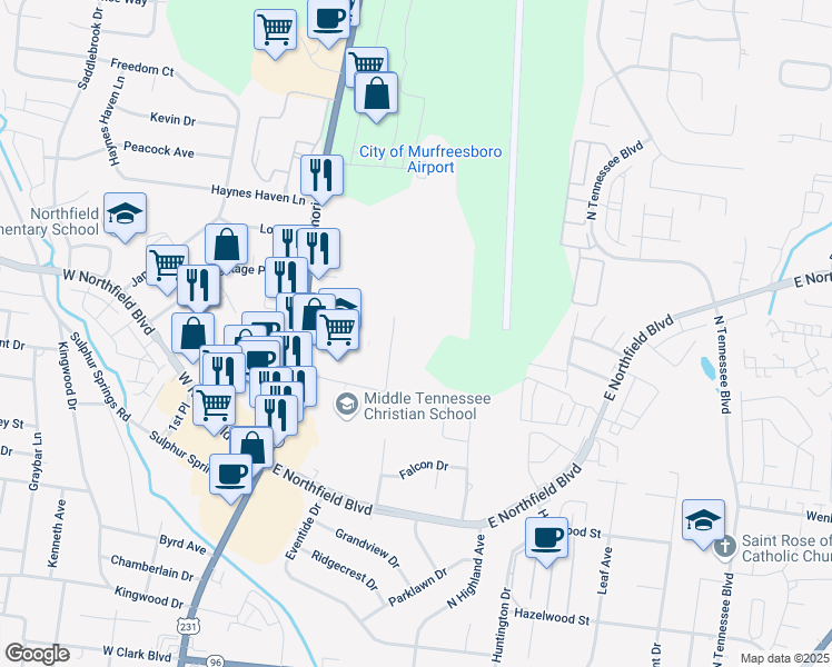 map of restaurants, bars, coffee shops, grocery stores, and more near 299 East Mtcs Road in Murfreesboro