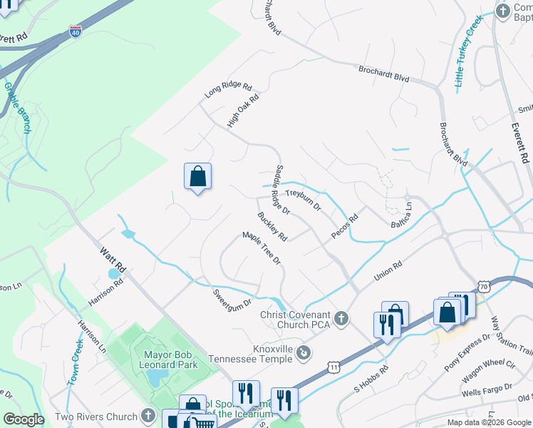map of restaurants, bars, coffee shops, grocery stores, and more near 408 Treyburn Drive in Knoxville