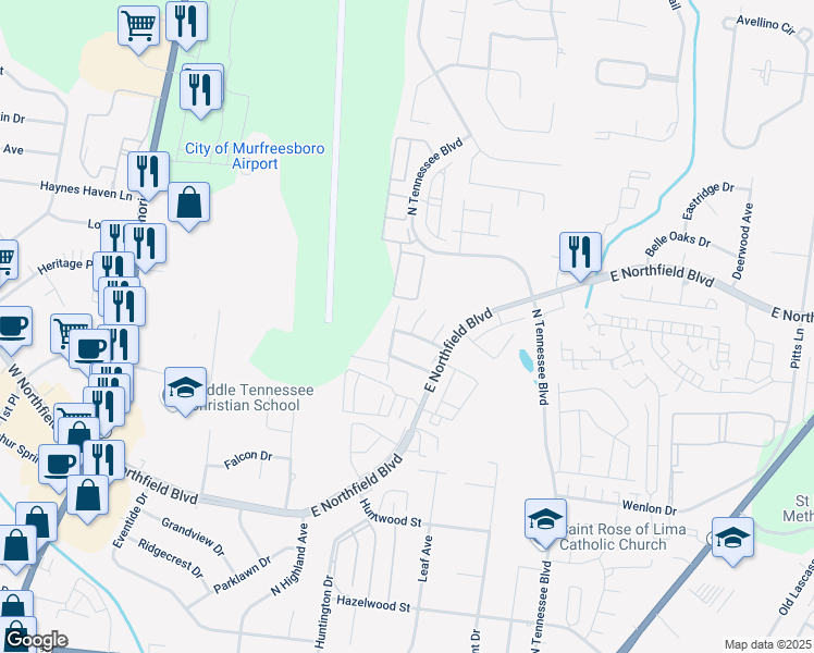 map of restaurants, bars, coffee shops, grocery stores, and more near 1119 East Northfield Boulevard in Murfreesboro