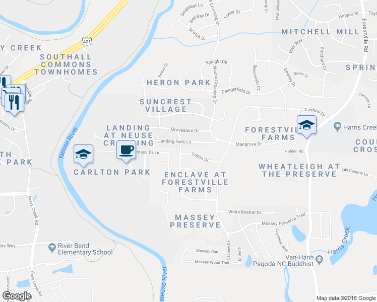 map of restaurants, bars, coffee shops, grocery stores, and more near 3809 Toyon Drive in Raleigh
