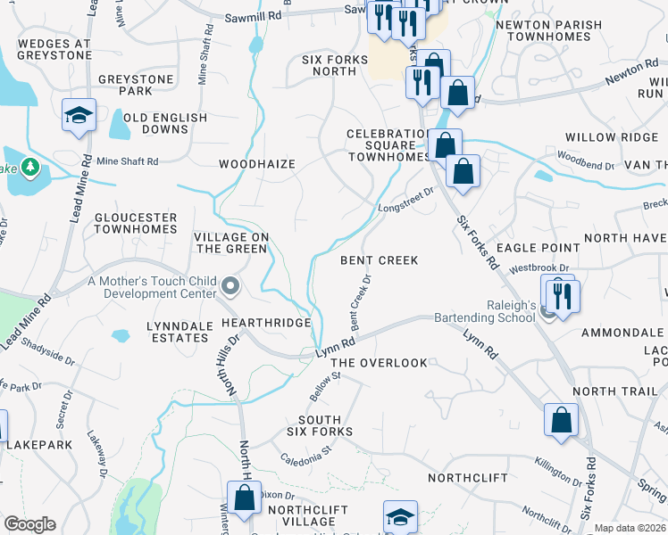 map of restaurants, bars, coffee shops, grocery stores, and more near 6523 Thetford Court in Raleigh