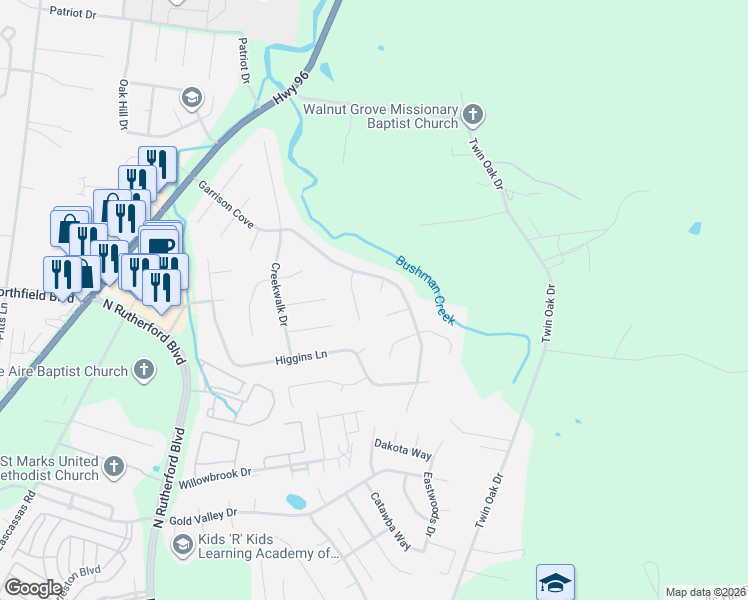map of restaurants, bars, coffee shops, grocery stores, and more near 2351 Garrison Cove in Murfreesboro