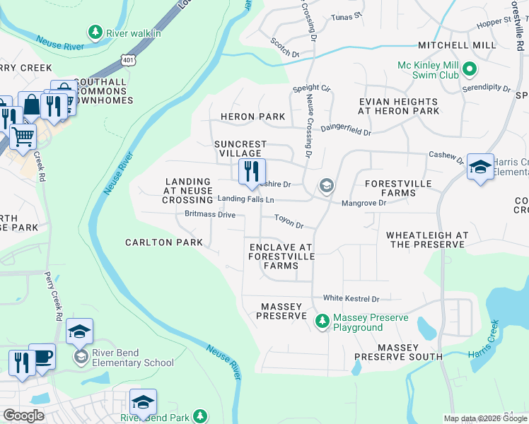 map of restaurants, bars, coffee shops, grocery stores, and more near 3206 Landing Falls Lane in Raleigh