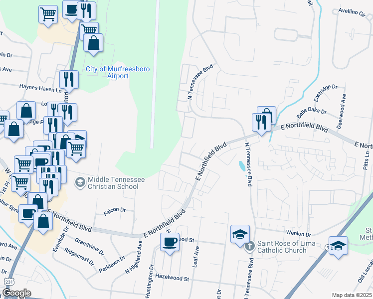 map of restaurants, bars, coffee shops, grocery stores, and more near 1144 East Northfield Boulevard in Murfreesboro
