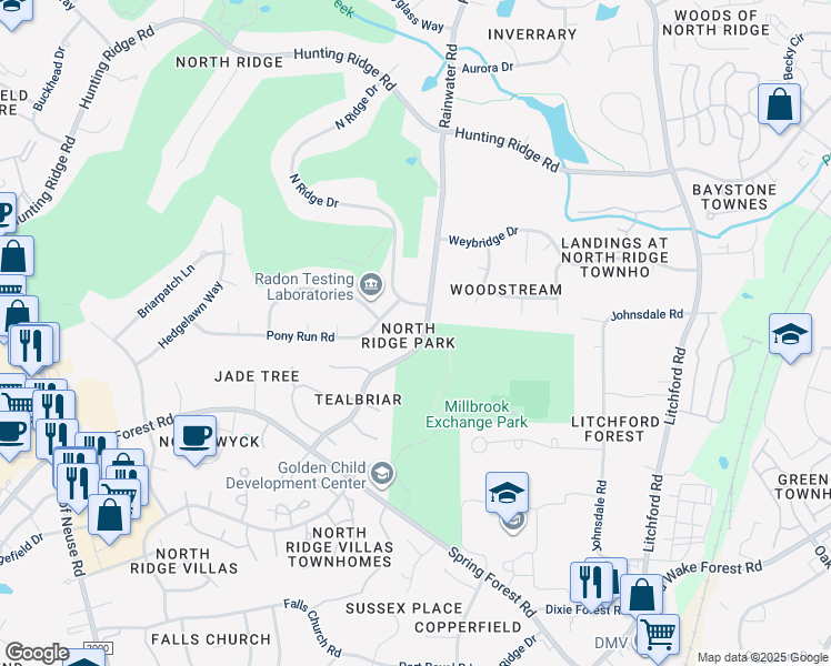 map of restaurants, bars, coffee shops, grocery stores, and more near 6815 Rainwater Road in Raleigh
