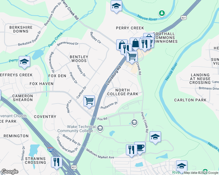 map of restaurants, bars, coffee shops, grocery stores, and more near 6421 Virgilia Court in Raleigh
