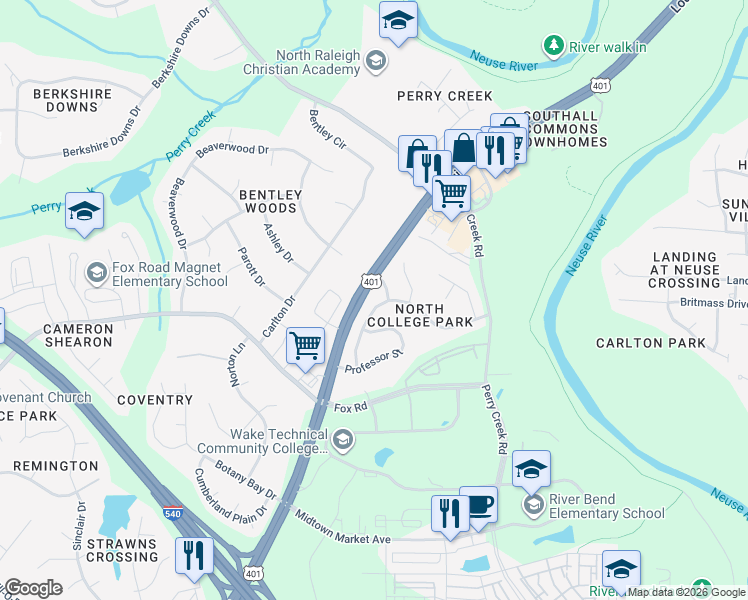 map of restaurants, bars, coffee shops, grocery stores, and more near 6421 Virgilia Court in Raleigh