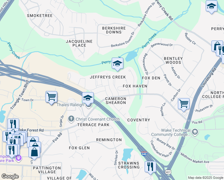 map of restaurants, bars, coffee shops, grocery stores, and more near 6930 Jeffreys Creek Lane in Raleigh