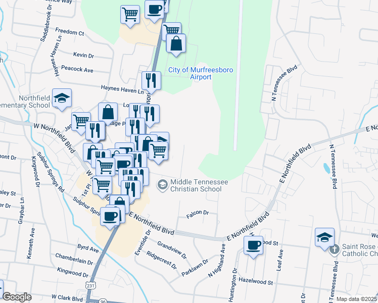 map of restaurants, bars, coffee shops, grocery stores, and more near 240 MTCS Road in Murfreesboro