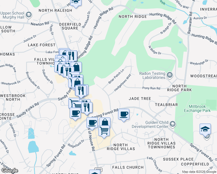 map of restaurants, bars, coffee shops, grocery stores, and more near 1209 Briarpatch Lane in Raleigh