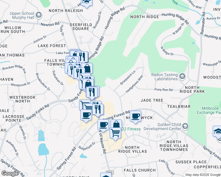map of restaurants, bars, coffee shops, grocery stores, and more near 6511 New Market Way in Raleigh