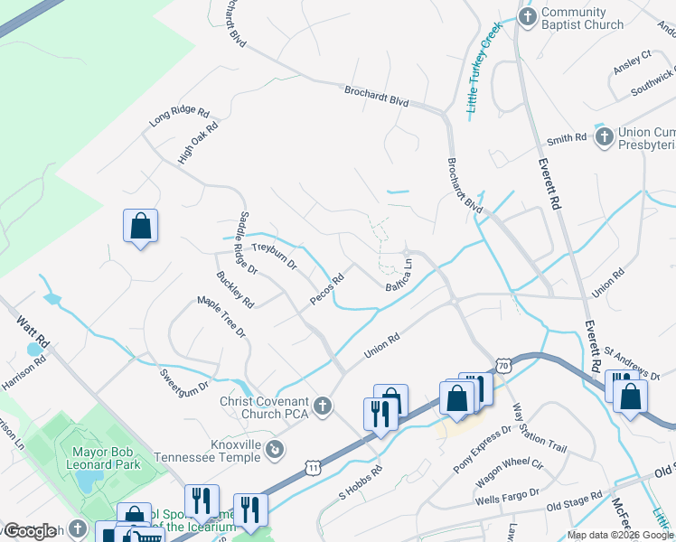 map of restaurants, bars, coffee shops, grocery stores, and more near 12805 Pecos Road in Knoxville