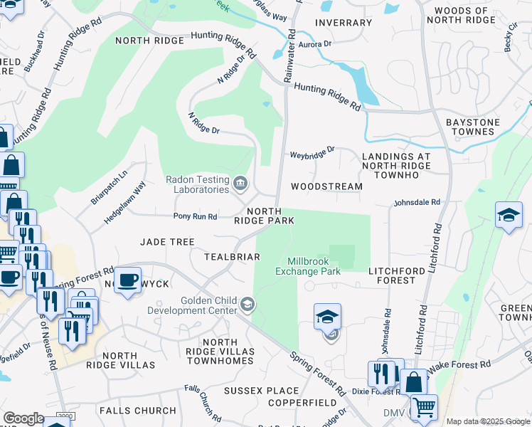 map of restaurants, bars, coffee shops, grocery stores, and more near 6815 Rainwater Road in Raleigh