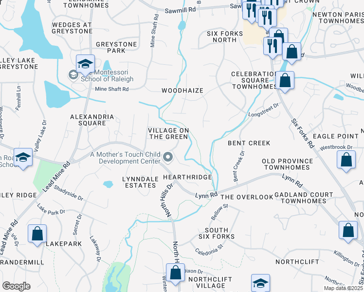 map of restaurants, bars, coffee shops, grocery stores, and more near 7220 Shellburne Drive in Raleigh