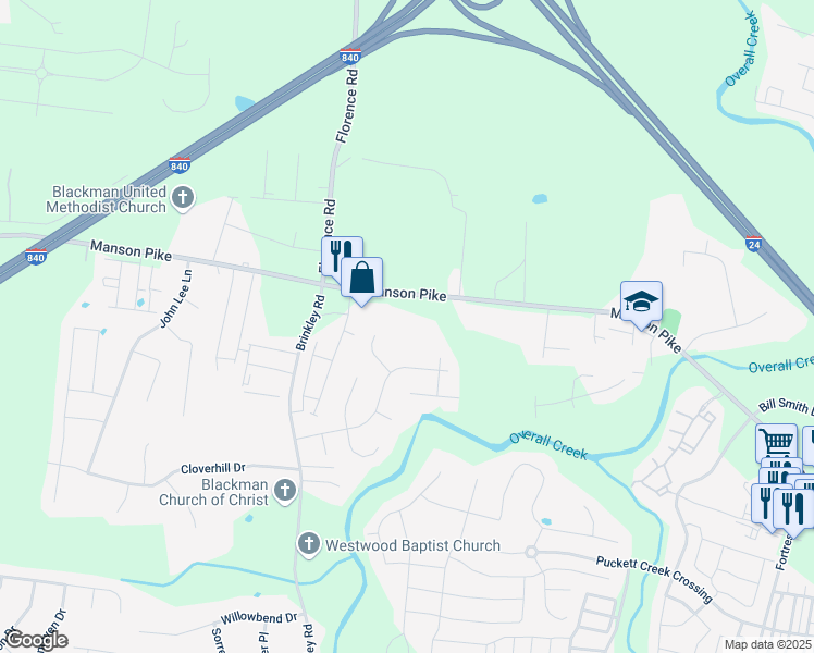 map of restaurants, bars, coffee shops, grocery stores, and more near 4107 Manson Pike in Murfreesboro