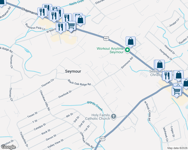 map of restaurants, bars, coffee shops, grocery stores, and more near 525 Scenic View Drive in Seymour