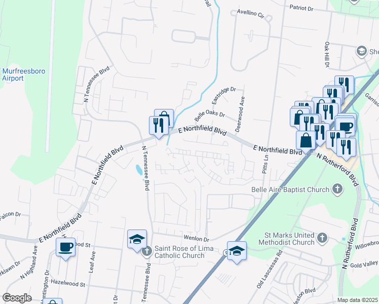 map of restaurants, bars, coffee shops, grocery stores, and more near 1444 Rochester Drive in Murfreesboro