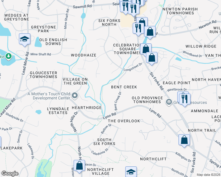 map of restaurants, bars, coffee shops, grocery stores, and more near 6523 Thetford Court in Raleigh