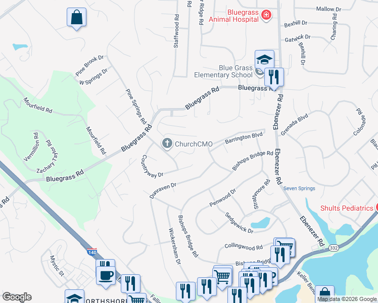 map of restaurants, bars, coffee shops, grocery stores, and more near 9111 Robinwood Lane in Knoxville
