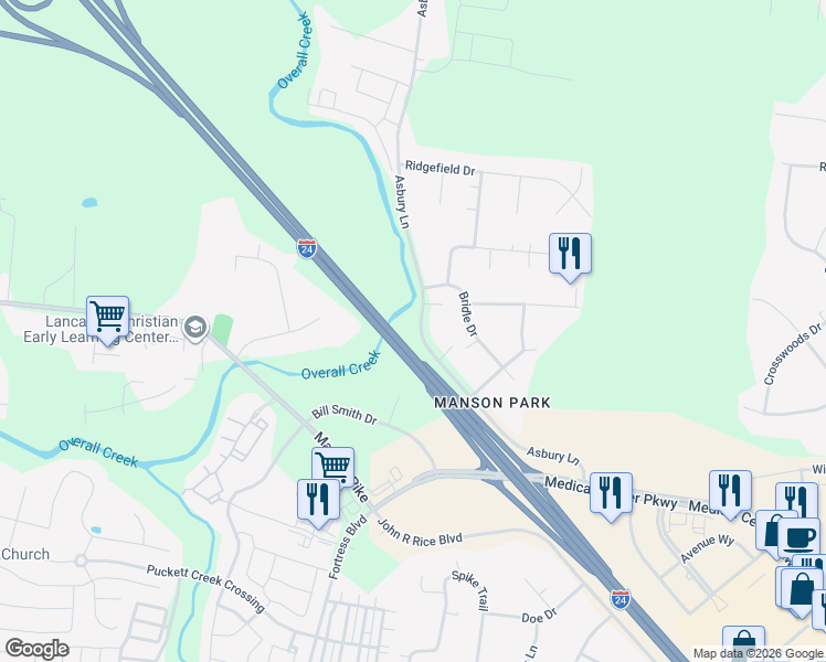 map of restaurants, bars, coffee shops, grocery stores, and more near 3050 Asbury Lane in Murfreesboro
