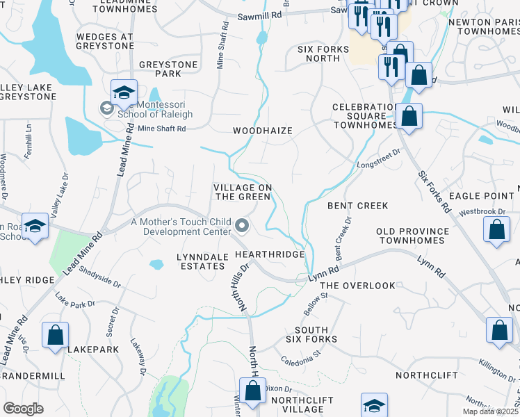 map of restaurants, bars, coffee shops, grocery stores, and more near 7220 Shellburne Drive in Raleigh