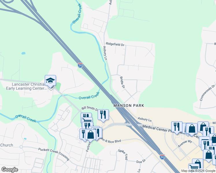 map of restaurants, bars, coffee shops, grocery stores, and more near 3050 Asbury Lane in Murfreesboro