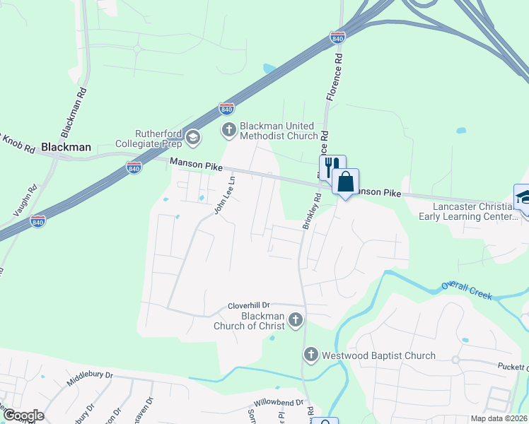 map of restaurants, bars, coffee shops, grocery stores, and more near 1752 Frodo Way in Murfreesboro