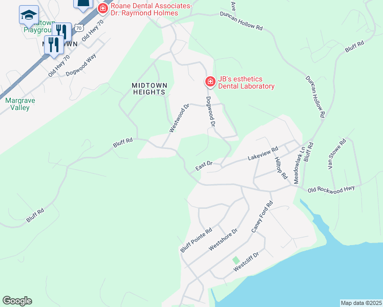 map of restaurants, bars, coffee shops, grocery stores, and more near 1727 Bluff Road in Harriman