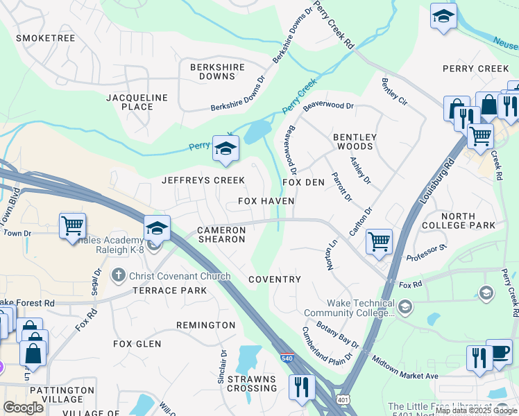 map of restaurants, bars, coffee shops, grocery stores, and more near 6909 Fox Haven Place in Raleigh