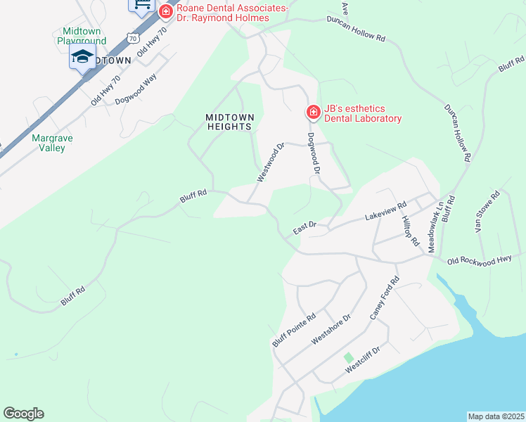 map of restaurants, bars, coffee shops, grocery stores, and more near 1727 Bluff Road in Harriman