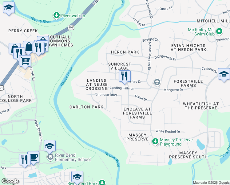 map of restaurants, bars, coffee shops, grocery stores, and more near 3116 Landing Falls Lane in Raleigh
