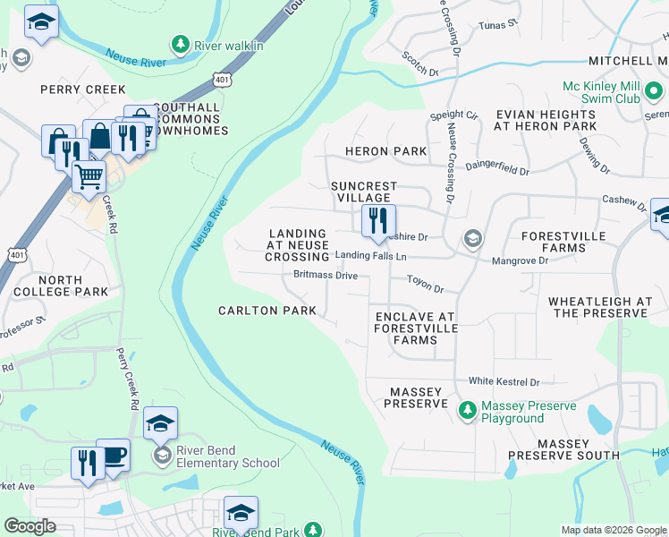 map of restaurants, bars, coffee shops, grocery stores, and more near 3116 Landing Falls Lane in Raleigh