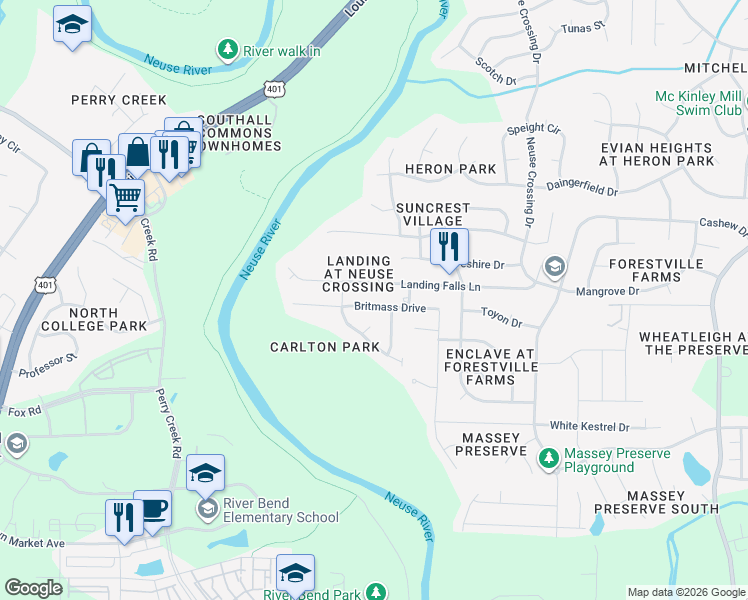 map of restaurants, bars, coffee shops, grocery stores, and more near 3024 Landing Falls Lane in Raleigh