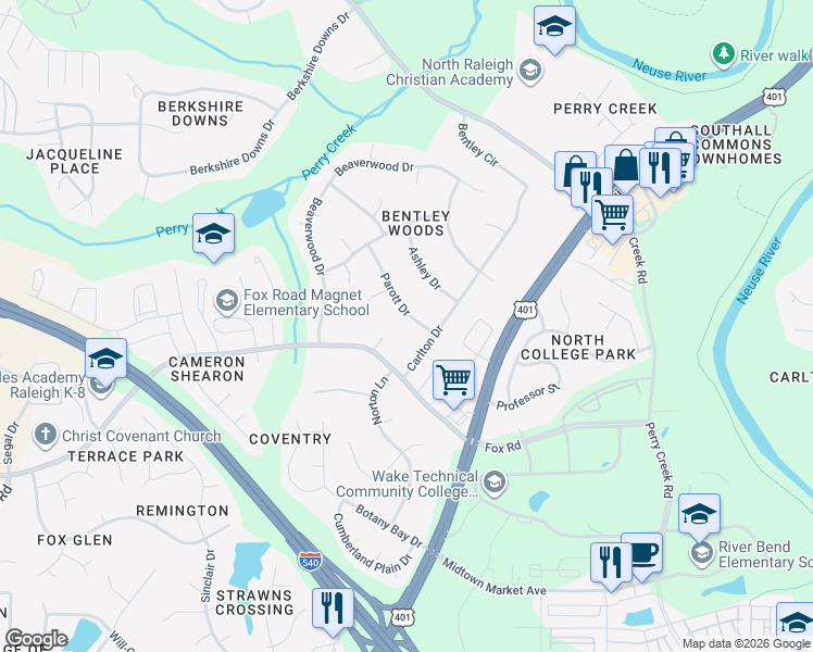 map of restaurants, bars, coffee shops, grocery stores, and more near 7208 Parrott Drive in Raleigh