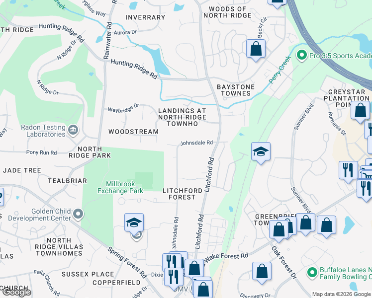 map of restaurants, bars, coffee shops, grocery stores, and more near 6708 Johnsdale Road in Raleigh