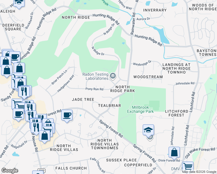 map of restaurants, bars, coffee shops, grocery stores, and more near 6844 Greystone Drive in Raleigh