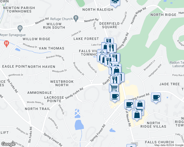 map of restaurants, bars, coffee shops, grocery stores, and more near 709 Sandy Ridge Court in Raleigh