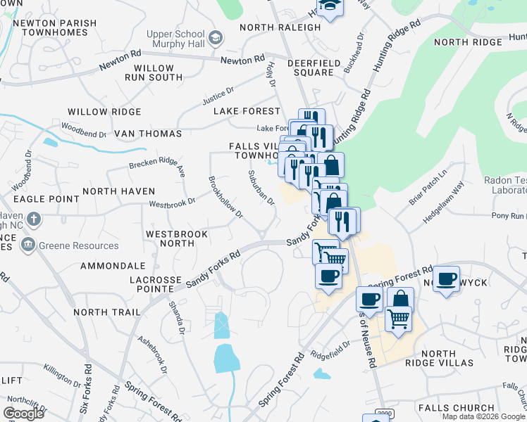 map of restaurants, bars, coffee shops, grocery stores, and more near 709 Sandy Ridge Court in Raleigh