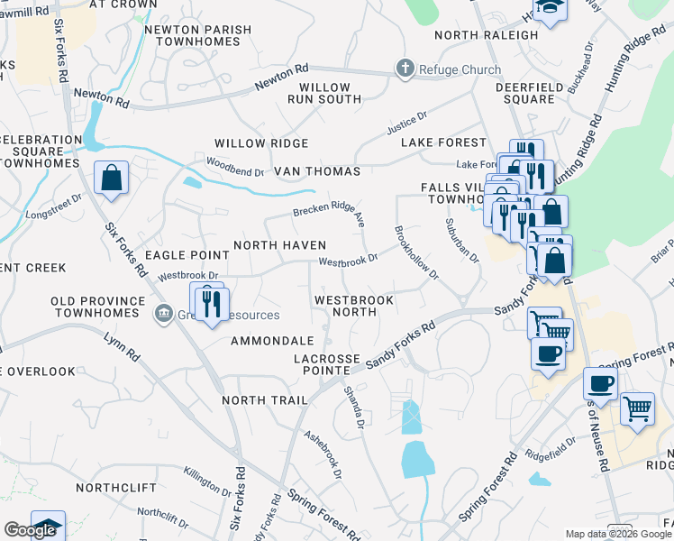map of restaurants, bars, coffee shops, grocery stores, and more near 507 Westbrook Drive in Raleigh
