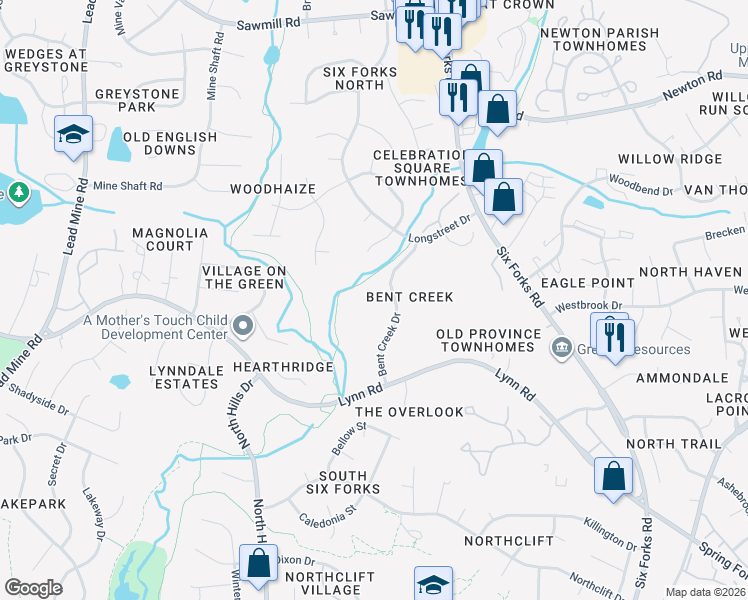 map of restaurants, bars, coffee shops, grocery stores, and more near 6523 Thetford Court in Raleigh